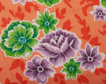 Amazing 1950s Vintage cotton Fabric, green purple floral orange background, BTY