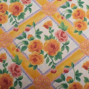 Vibrant Yellow Pink Roses Fabric, 1980s Decorative Polyester Cotton Blend