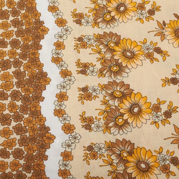 1960s Vintage cotton border Fabric, orange brown flowers, Bedding Fabric, BTY