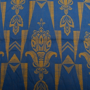 Royal Blue Golden Floral Art Deco Jacquard Fabric From 1940s, Cotton Linen Decor Material
