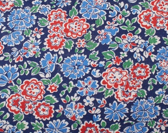 1940s Vintage cotton Fabric, ditsy floral blue red white green, home decor feedsack BTY