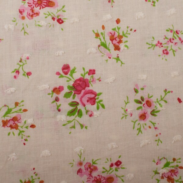 2.3Yds 1990s Vintage cotton swiss dot fabric, ditsy flowers roses, pink beige