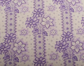 Vintage French Lavender Floral Stripe Cotton Fabric From 1940s