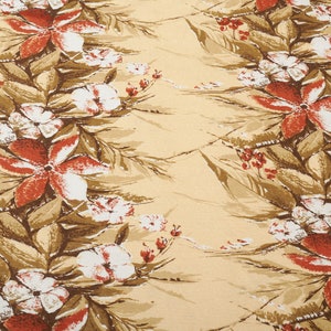 Tela de algodón vintage de los años 50, tela de corteza, flores de color beige rojizo, tapicería y decoración del hogar
