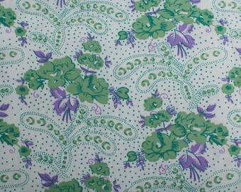 1960s Vintage French cotton Fabric, Floral purple green Fabric, Quilting Sewing Retro