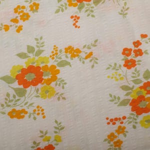 1970s Vintage seersucker cotton Fabric, yellow orange flowers on white, fabric for summer, BTY