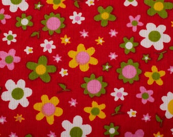 Tessuto di cotone micro velluto a coste vintage anni '90, fiori su sfondo rosso, vestito, BTY