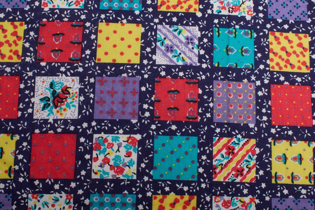 1990s Vibrant Floral Patchwork Quilting Cotton Fabric, Colorful Squares ...