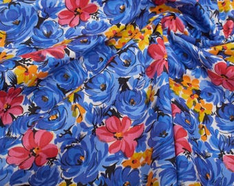 Vintage Floral Sateen Fabric, 1970s Blue Pink Roses Print, Decorative Cotton Material