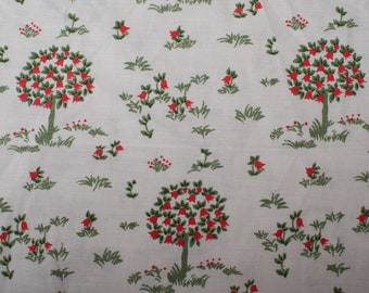 1990s Vintage Ditsy Floral Cotton Fabric, trees flowers green red white background, Quilting Sewing Retro