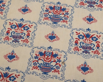 Tissu coton vintage années 1930, fleurs rouge bleu BTY