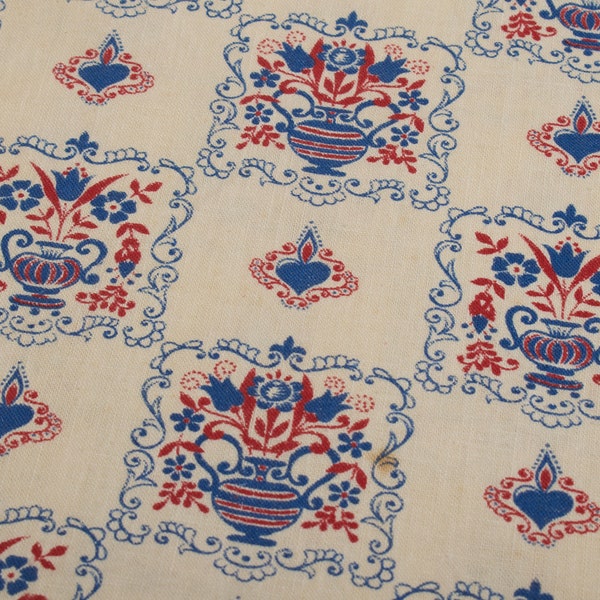 Tissu coton vintage années 1930, fleurs rouge bleu BTY