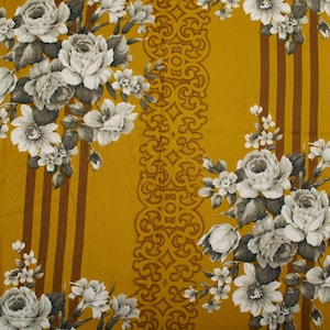 Vintage Viscose Cotton Fabric, Mustard Gray Large Rose Print, Floral Decorative Fabric From 1970s