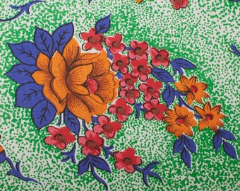 Hermosa tela de algodón vintage de la década de 1960, flores de color naranja azul verde, decoración del hogar BTY