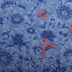 Vintage Cotton Fabric, Blue Floral Print, 1970s Sewing Material