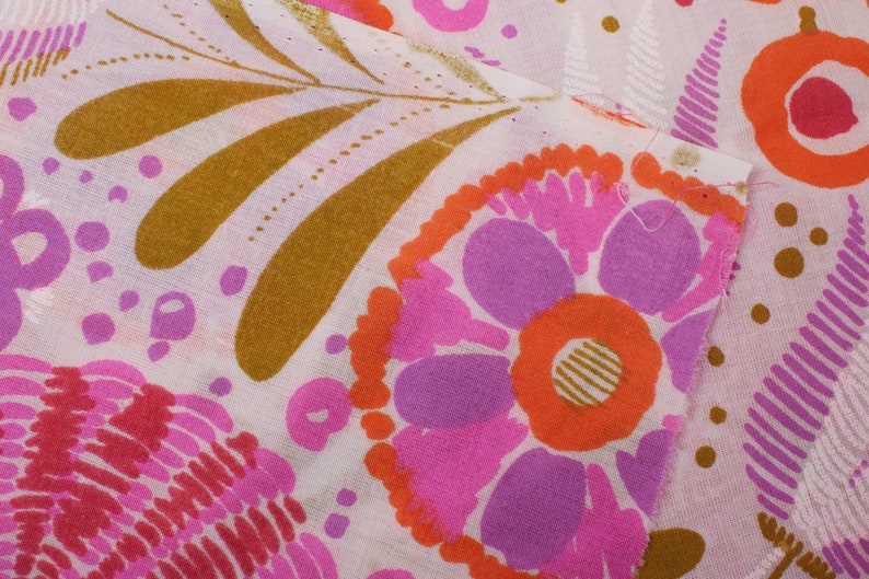 Flower Power jaren 1970 Vintage katoenmix stof, roze oranje wit, Home Decor BTY afbeelding 4