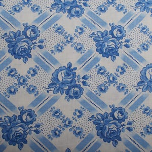 1940s Vintage french floral fabric, blue roses fabric antique