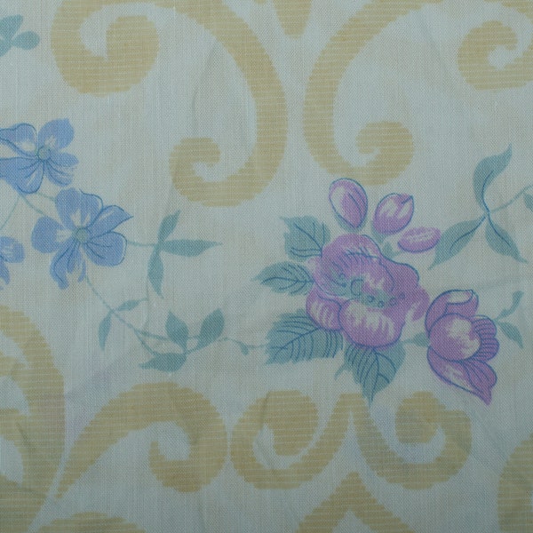 2.6Yd 1980s Vintage viscose cotton batist Fabric, blue purple yellow flowers, dressmaking