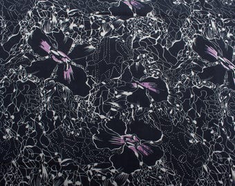 Dark Floral Silk Dressmaking Fabric, 1970s Vintage