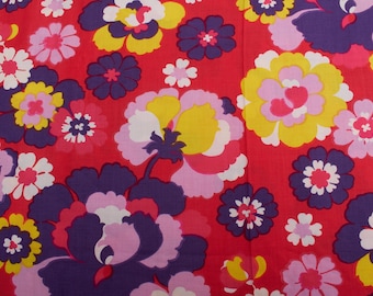 Flower Power 1970s Vintage Rot Gelb Blau Floral Baumwollstoff