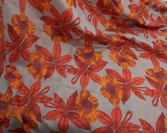 Retro Orange Floral Polyester Fabric, 1970s Dressmaking Material