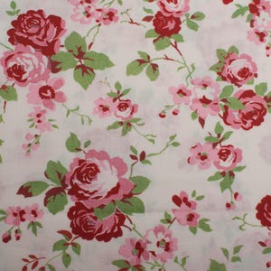 1990s Vintage Cotton Fabric, pink roses on white, Retro Sewing Material BTY