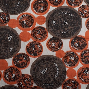 2.6Yds 1960s Vintage polished cotton Fabric, orange brown white pattern