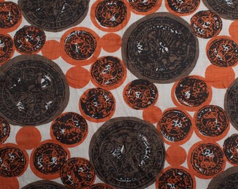 2.6Yds 1960s Vintage polished cotton Fabric, orange brown white pattern
