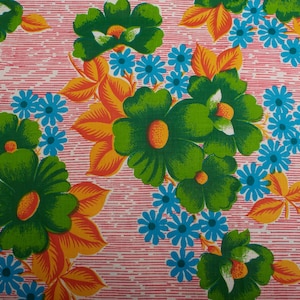 Vintage Cotton Sateen, Colorful Floral Print Fabric, 1970s Decorative Material