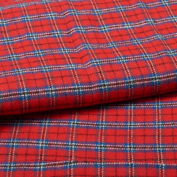 1970s Tartan flannel Fabric, Cotton Fabric, Plaid Fabric red blue