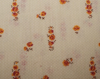 Tissu batiste de coton Français vintage des années 1950, pois blancs, fleurs jaunes rouges fond beige, BTY