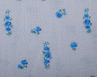 1950s Vintage French cotton batiste Fabric, white polka dots, blue flowers pale blue background, BTY