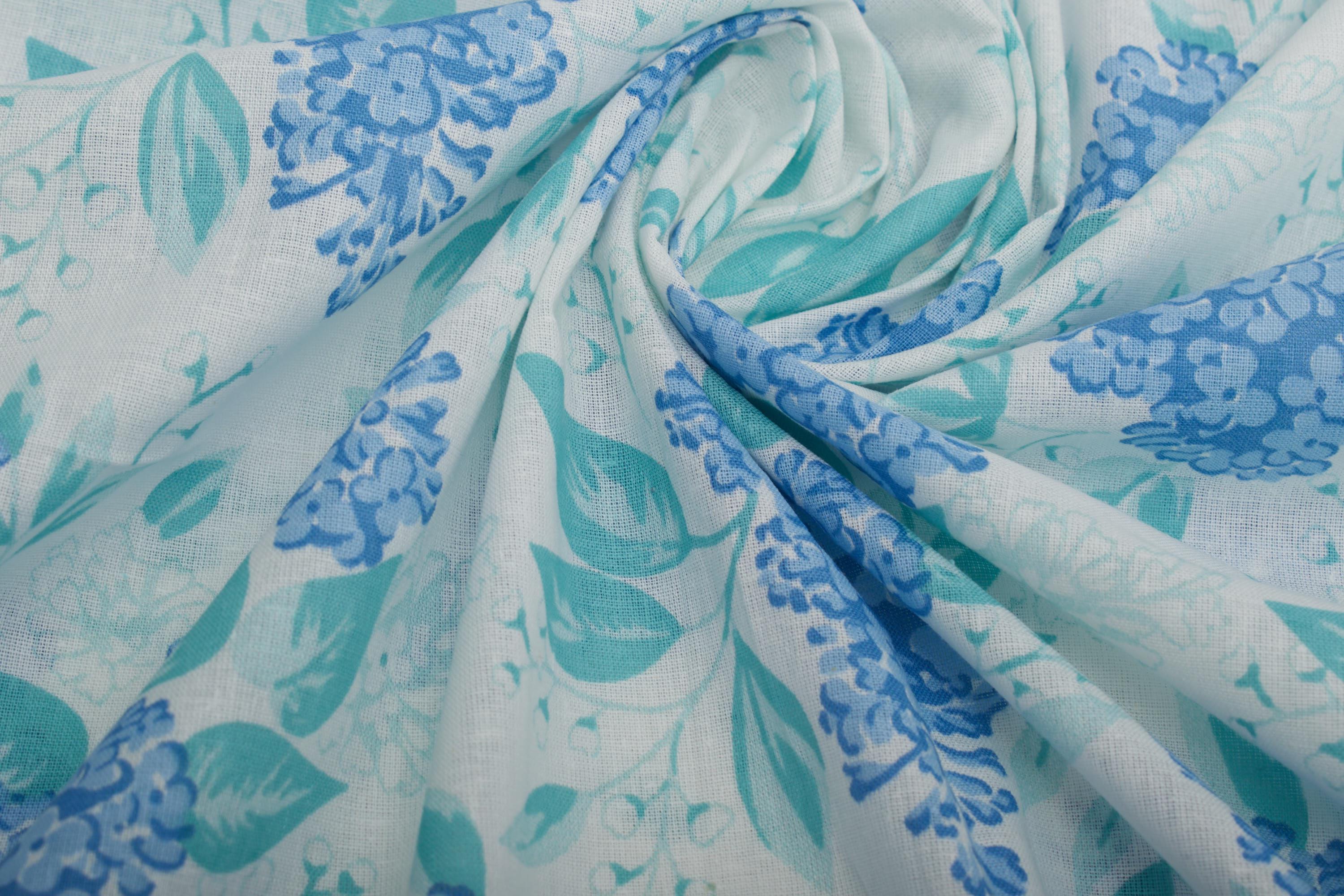 Vintage Cotton Fabric, Blue Lilac Floral Print, 1960s Sheer Fabric