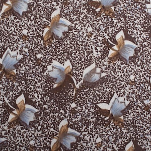 1960s Vintage cotton Fabric, brown white floral, Home Decor fabric