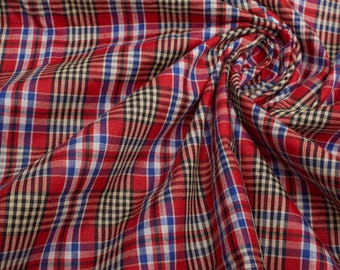 1960s Vintage Red Blue Plaid Cotton Linen Blend Shirting Fabric