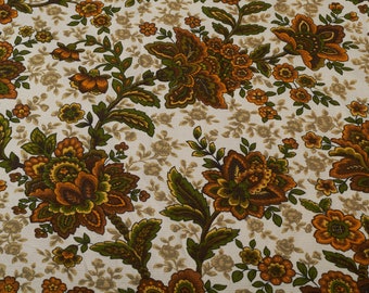 Mod 1970s Vintage textured cotton fabric, brown green flowers, Home decor BTY