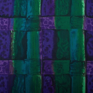 1970s Vintage viscose polyester fabric, dressmaking, deep green purple abstraction geometry BTY