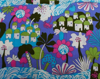Polyestertyg med blommigt bytryck från 1970-talet, lavendelblå rosa grön abstrakt, 2,1 yards