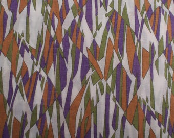 Vintage klänningstyg från 1970-talet, abstrakt geometriskt tryck i brunt, lila och grönt, syntetisk retrotextil