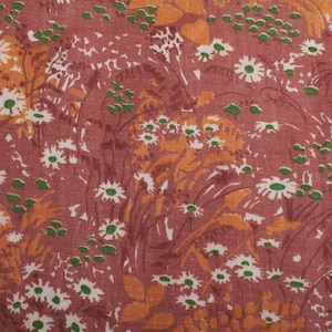 1960s Vintage polished cotton Fabric, brown orange flowers, Sewing Material BTY