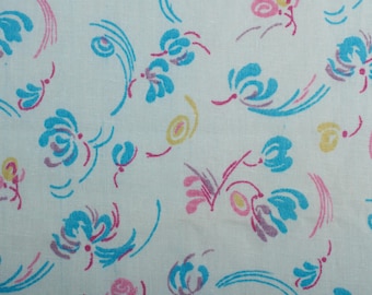 1950s Vintage Cotton Fabric: Blue, Pink, Yellow Floral Print