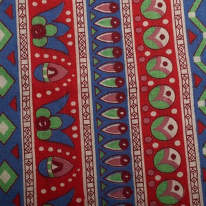 1950s Red Blue Green Floral Stripe Cotton Fabric for Sewing Projects