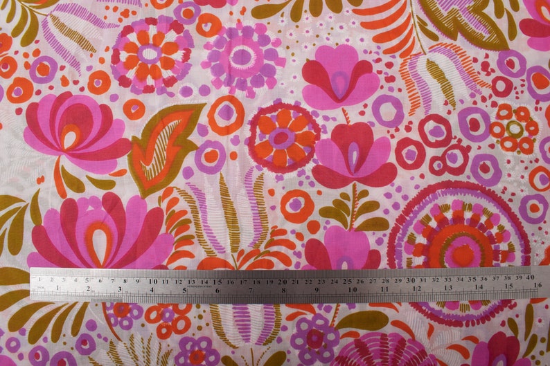 Flower Power jaren 1970 Vintage katoenmix stof, roze oranje wit, Home Decor BTY afbeelding 3