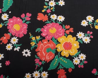 1950s Floral Cotton Viscose Fabric: Red, Yellow, Pink Flowers on Black