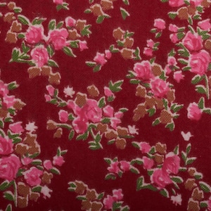 Vintage Cotton Flannel Fabric From 1960s, Burgundy Color, Small Pink Roses Print Apparel Fabric