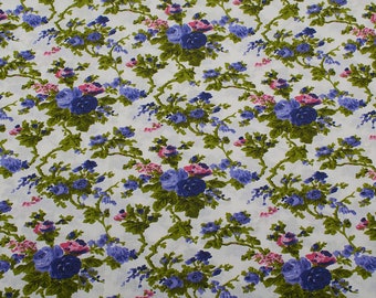 1960s Vintage flower cotton fabric, purple roses white background