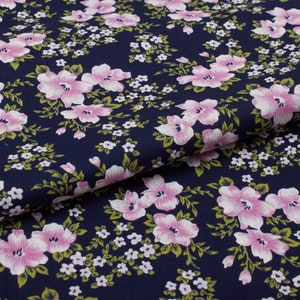 1960s Vintage cotton fabric, floral pink navy, Quilting Sewing Retro