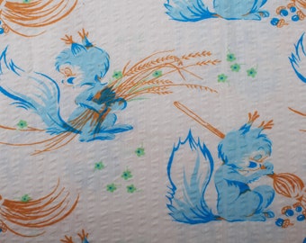 2Yd 1960s Vintage seersucker cotton fabric, white blue brown squirrel, Quilting Sewing