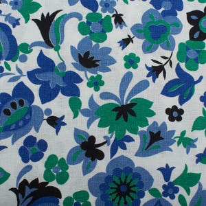1940s Vintage cotton crepe fabric, blue green flowers white background, Home decor