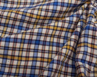 Vintage Dressmaking Fabric, Blue Yellow Plaid 1960s Viscose Cotton Blend Material